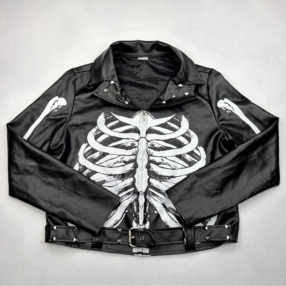 Spirit Halloween Jacket Adult Medium Black Faux Leather Studded Skeleton Moto M